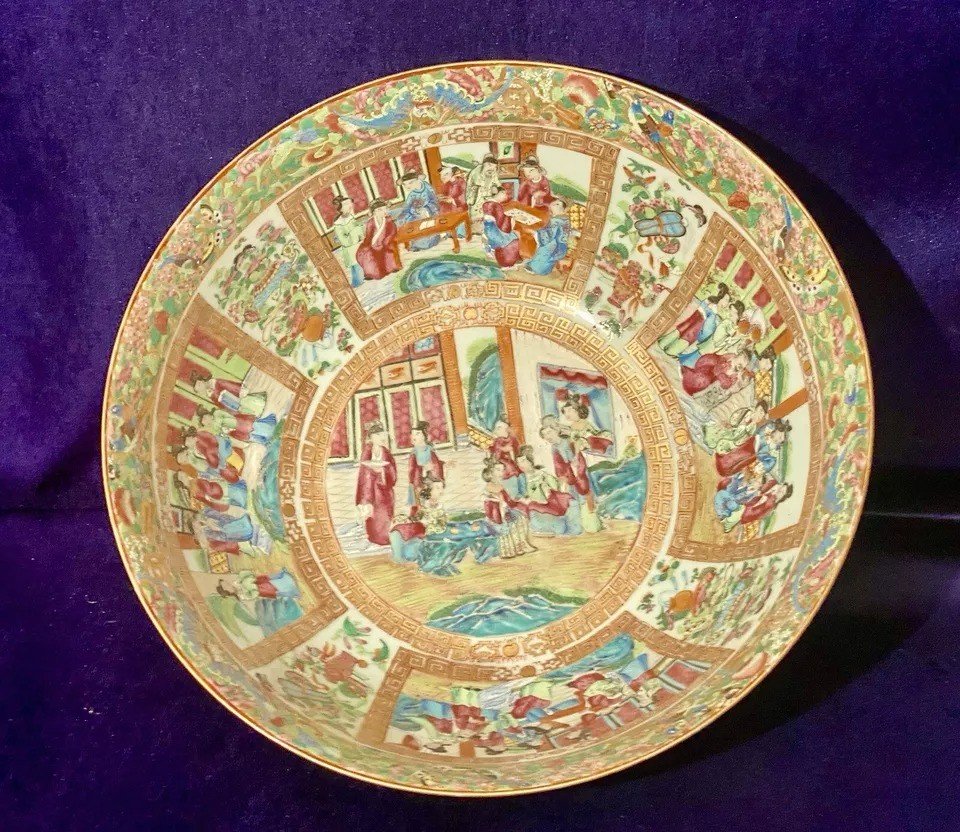 Ancien Bol à Punch En Porcelaine Rose Medallion Cantonais d'Exportation Qing, 15,5" Diamètre-photo-7