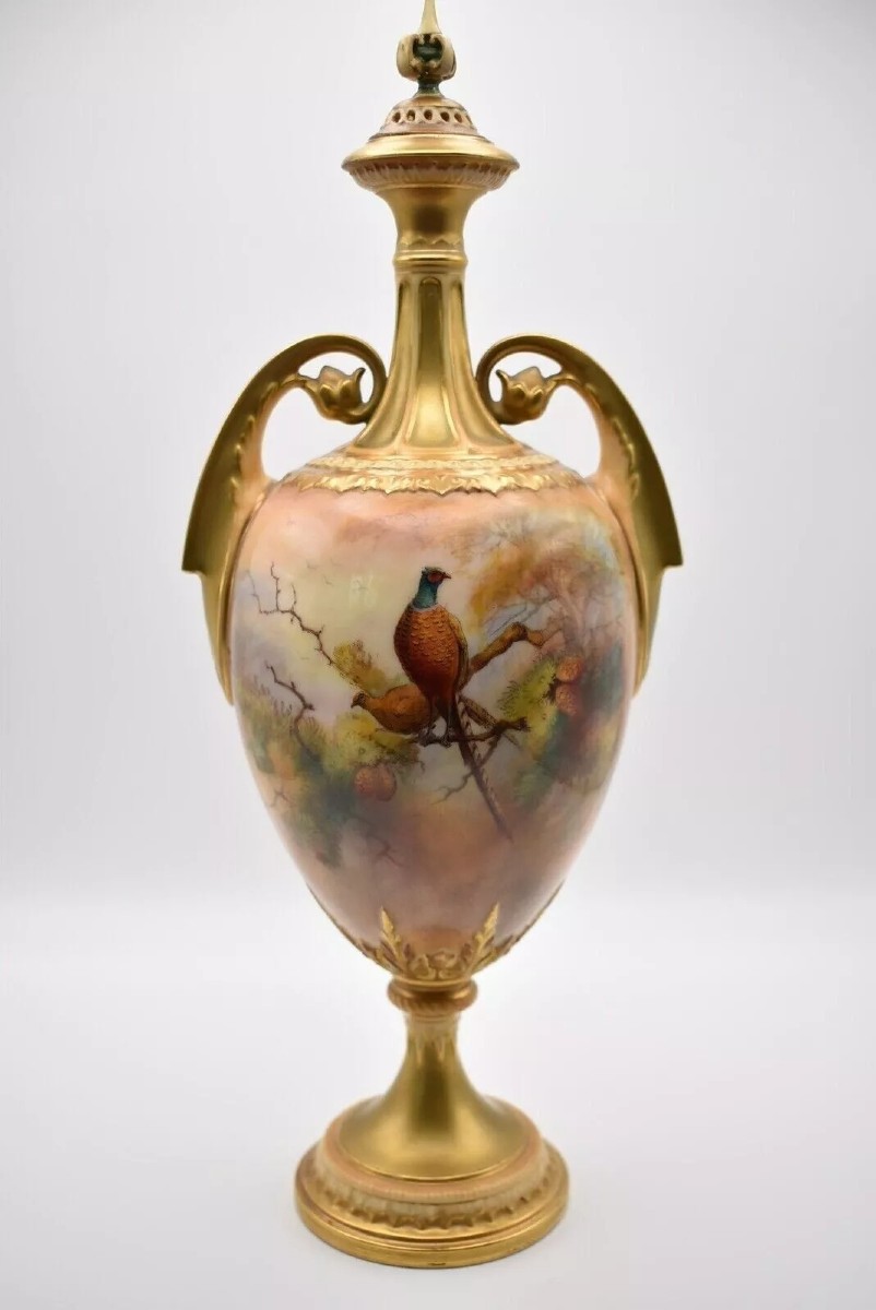 1912 Royal Worcester Peacock Pedestal Vase And Cover By Walter Sedgley