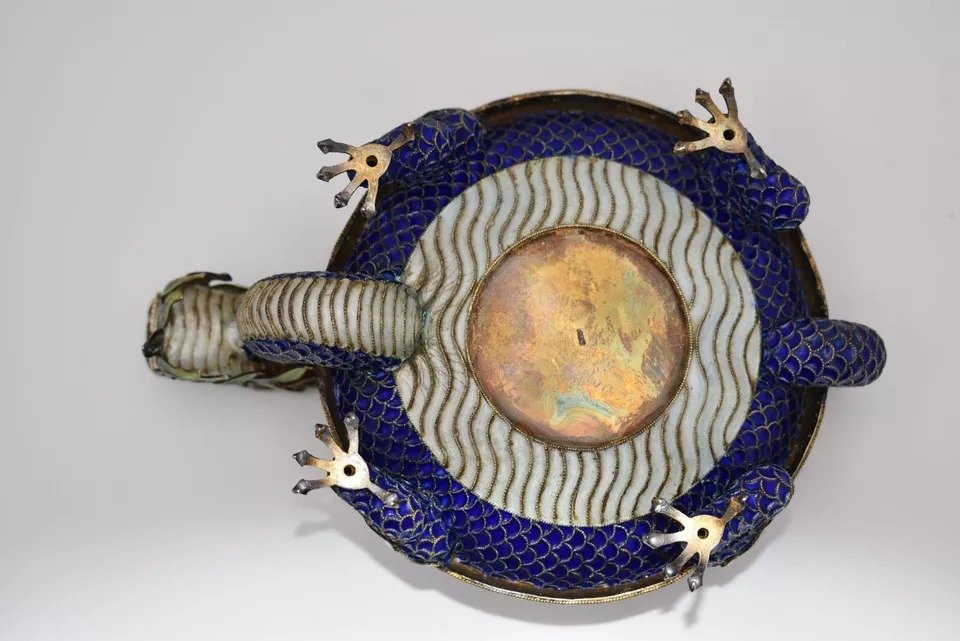 Vintage Qing Chinese Silver Enamelled Highly Detailed Dragon Ashtray. Jade Rim-photo-4