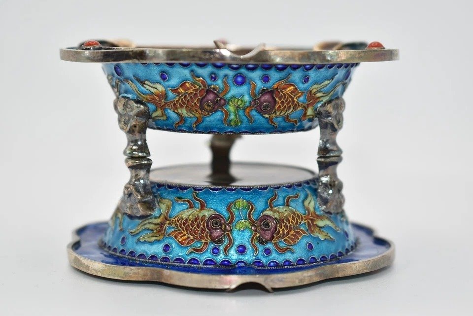 Boîte à Cigarettes Qing Chinoise En Argent Sterling Et émail Poisson, Deux Cendriers-photo-3