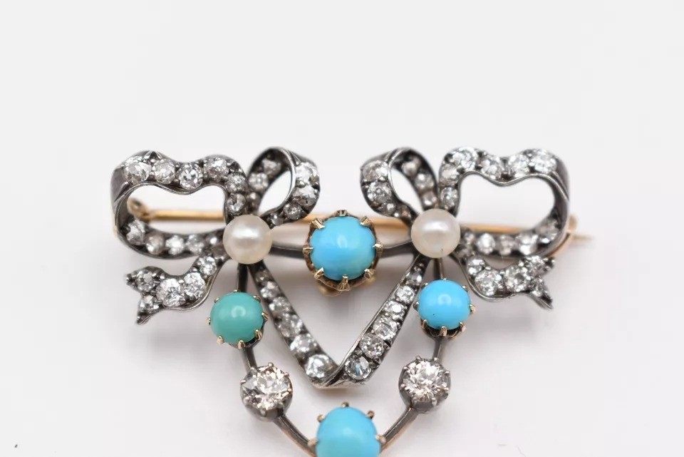 Circa 1910 Edwardian Heart Brooch 18ct Gold With 62 Diamonds, Turquoise & Pearl-photo-2