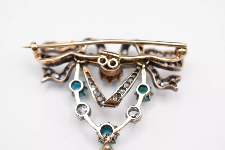 Circa 1910 Edwardian Heart Brooch 18ct Gold With 62 Diamonds, Turquoise & Pearl-photo-2