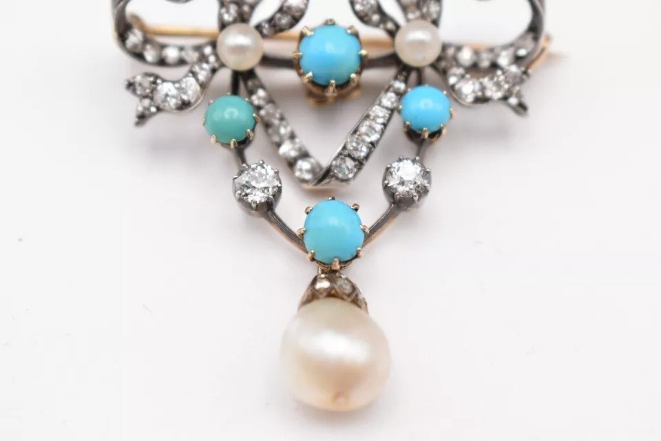 Circa 1910 Edwardian Heart Brooch 18ct Gold With 62 Diamonds, Turquoise & Pearl-photo-6