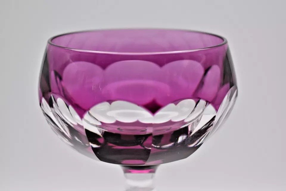 8 Val Saint Lambert Purple Petal Shaped Cut Glass Crystal Hock Wine Glasses-photo-4