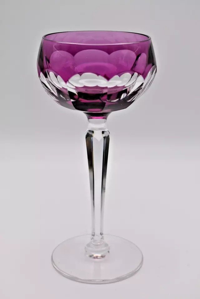 8 Val Saint Lambert Purple Petal Shaped Cut Glass Crystal Hock Wine Glasses-photo-5
