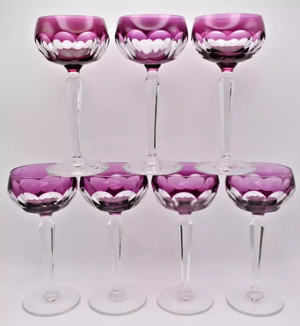 8 Val Saint Lambert Purple Petal Shaped Cut Glass Crystal Hock Wine Glasses