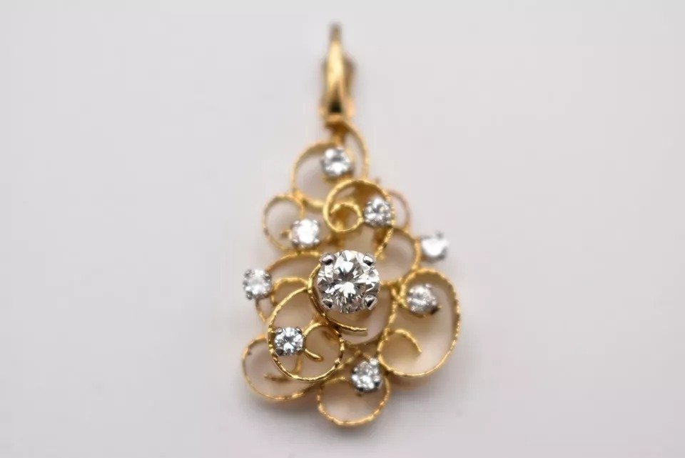 Pendentif Vintage Or 18ct, Diamant Taille Brillant, Forme Goutte Fantaisie.-photo-5
