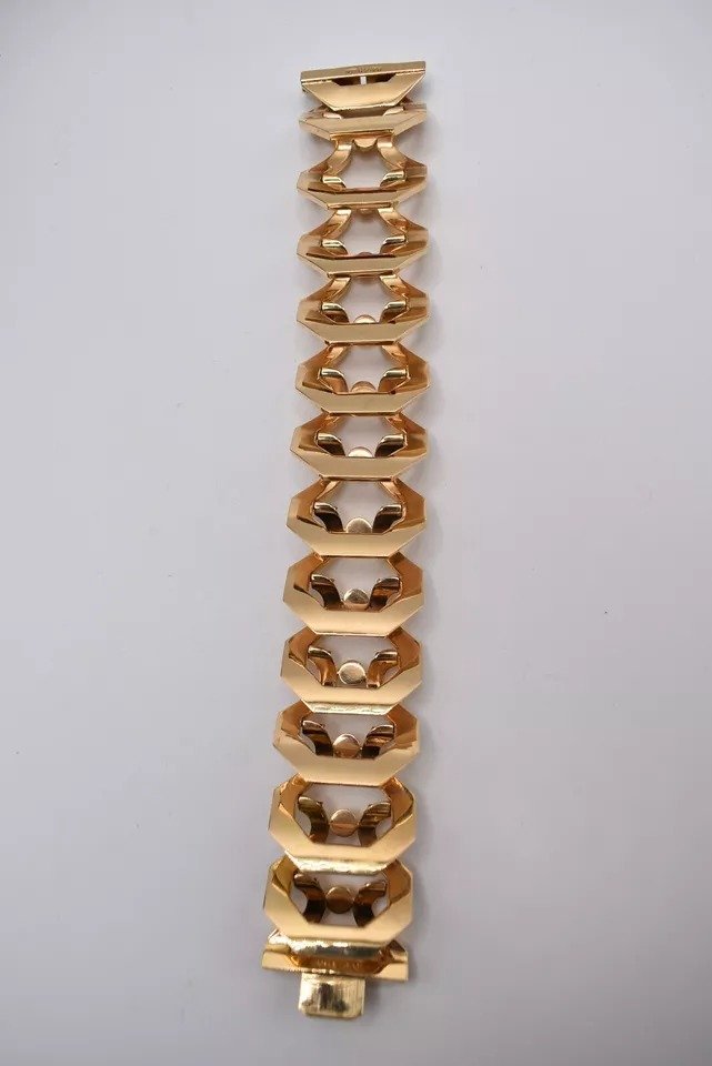 Vintage Mid Century Italian Wide Tank Bracelet & Brooch 750 18ct Gold-photo-2