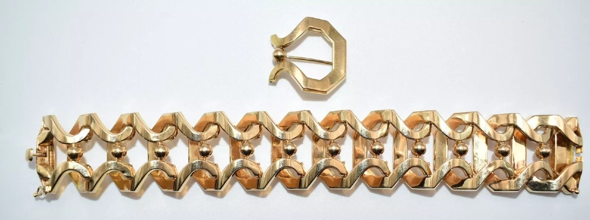 Vintage Mid Century Italian Wide Tank Bracelet & Brooch 750 18ct Gold