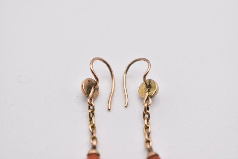 Boucles d'Oreilles Pendantes Anciennes Victoriennes En Or 18ct, Corail Et Perles-photo-1