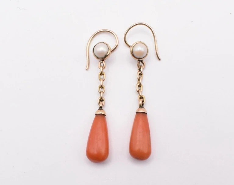 Boucles d'Oreilles Pendantes Anciennes Victoriennes En Or 18ct, Corail Et Perles
