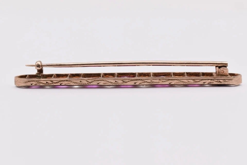 Antique French Art Deco 18ct Gold Ruby & Diamond Bar Brooch Circa 1920's-photo-2