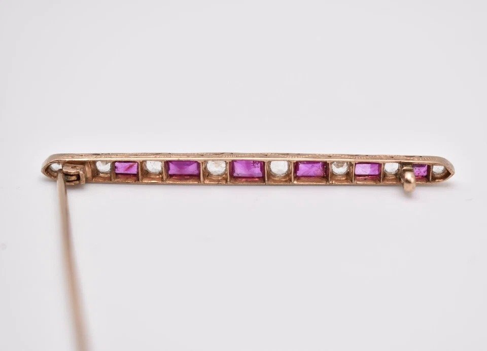 Antique French Art Deco 18ct Gold Ruby & Diamond Bar Brooch Circa 1920's-photo-4