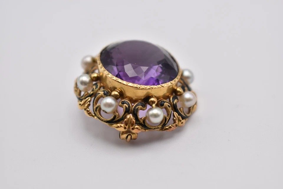 Broche Ancienne En Or Jaune Avec Améthyste Et Perles Naturelles, France, XIXe Siècle-photo-2