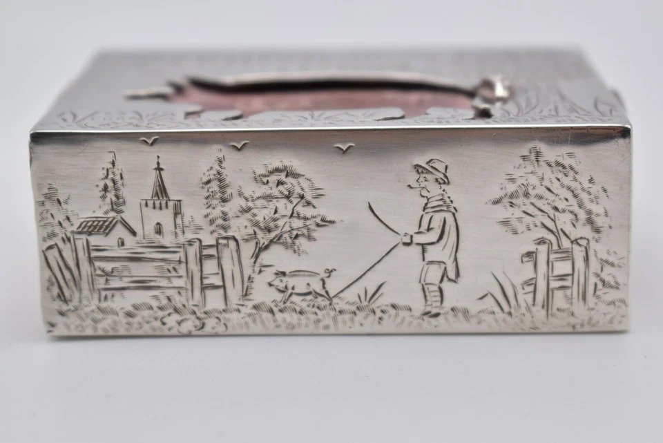1892 Victorian Solid Silver Andrew Barrett & Sons Novelty Pig Match Box Cover-photo-5