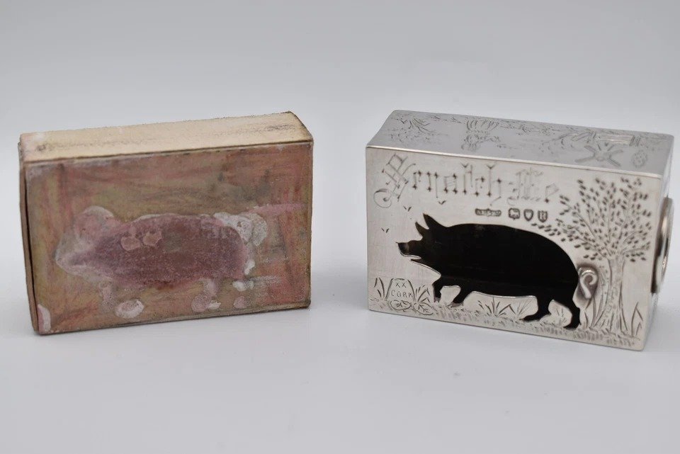 1892 Victorian Solid Silver Andrew Barrett & Sons Novelty Pig Match Box Cover-photo-6