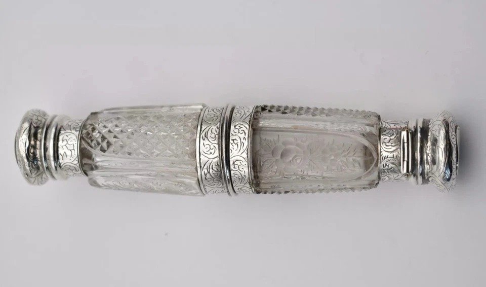 Flacon à Parfum Double En Verre Taillé Et Gravé, Détails En Argent Gravé, Antique.-photo-4