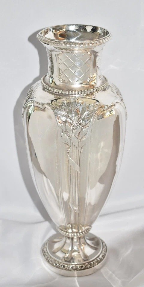 Gallia-christofle Silver Plated Vase W/ Raised Leaf And Stem Foliage Design-photo-4