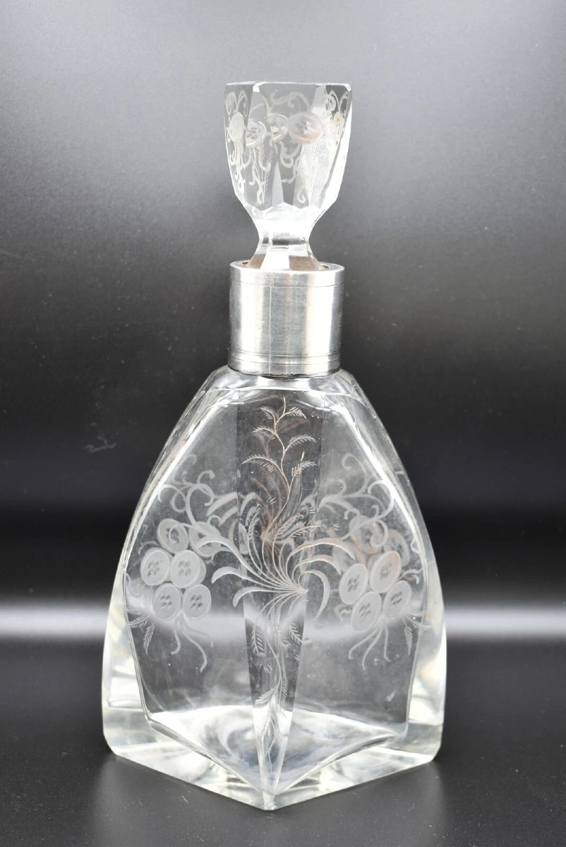 Carafe En Verre Cristal Antique Orfèvrerie Produx Saint Hilaire Avec Collerette En Argent 950