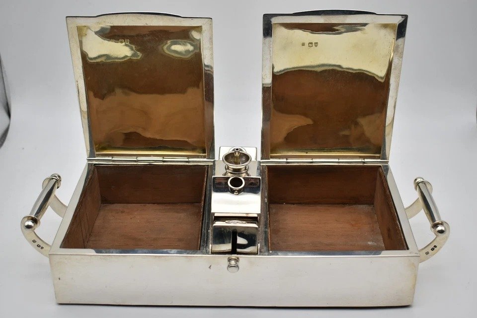 Humidor En Argent Victorien à Double Couvercle Pour Cigares Par Wright & Davies, Londres 1883-photo-5