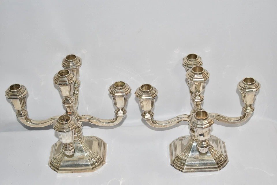 Pair Of 835 Silver The Golden Tankard Jewelers Curaco 5 Head Candlestick Holder-photo-4