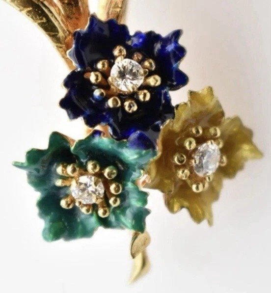 Vintage Mid Century 18ct Gold & Diamond Set Enamel Floral Spay Brooch-photo-3