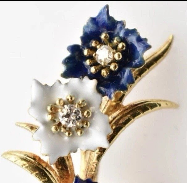 Vintage Mid Century 18ct Gold & Diamond Set Enamel Floral Spay Brooch-photo-4