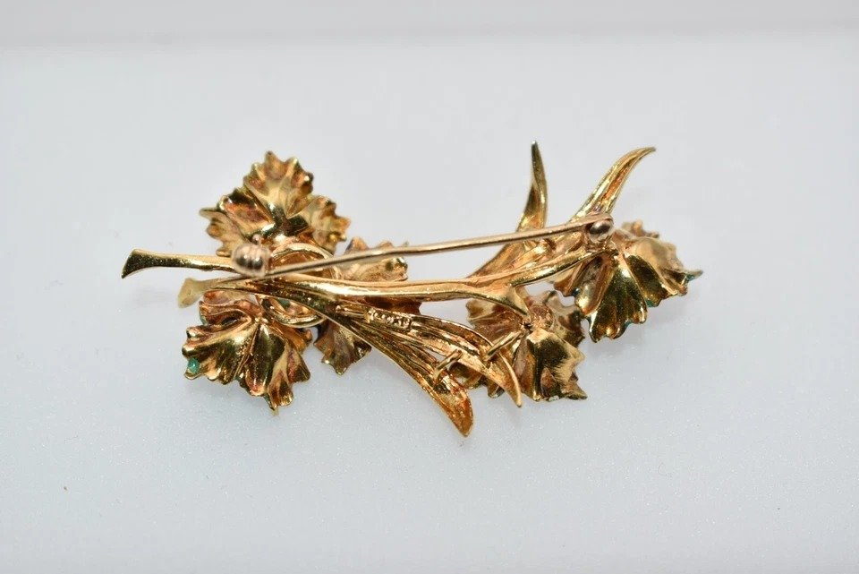 Vintage Mid Century 18ct Gold & Diamond Set Enamel Floral Spay Brooch-photo-2