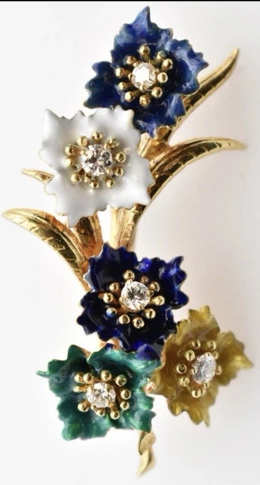 Vintage Mid Century 18ct Gold & Diamond Set Enamel Floral Spay Brooch-photo-6