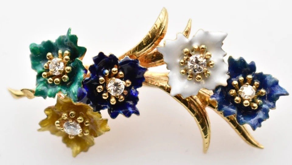 Vintage Mid Century 18ct Gold & Diamond Set Enamel Floral Spay Brooch-photo-7