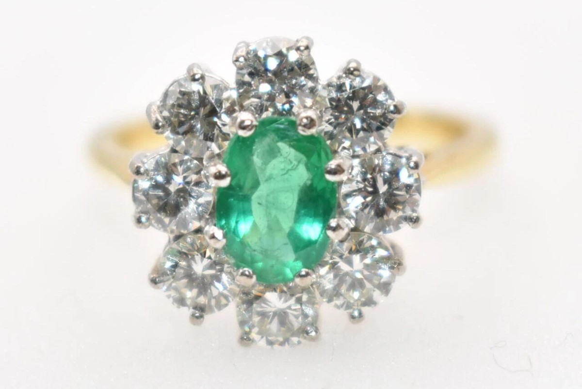 A Large Vintage 0.50 Ct Emerald & 2 Ct Diamond, 18 Ct Gold Oval Cluster Ring