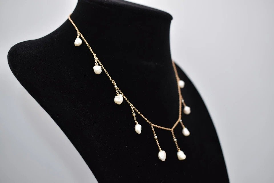 15ct Antique Edwardian Baroque Pearl Fringe Rose Gold Necklace 18" 5.3g-photo-5