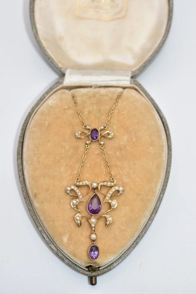 Collier/pendentif Antique Victorien Or Rose 14ct Perles De Semence & Améthyste 15" 6,3g-photo-3