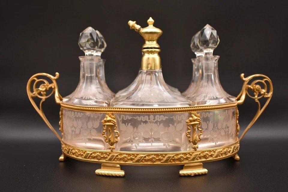 Grand Ensemble De Parfums Napoléon III En Bronze Doré Et Cristal, 6 Bouteilles, 19e Siècle-photo-7