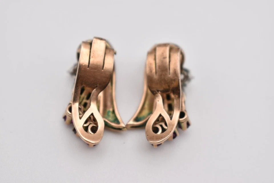 Pair Of 1940's Gold Set Ruby & Diamond Cluster Earrings W/ Clip-on Fittings-photo-1