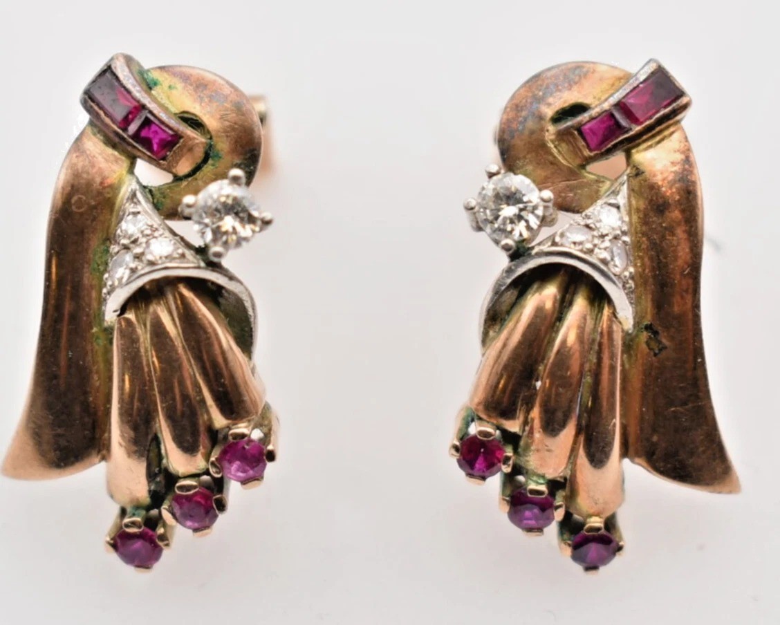 Pair Of 1940's Gold Set Ruby & Diamond Cluster Earrings W/ Clip-on Fittings