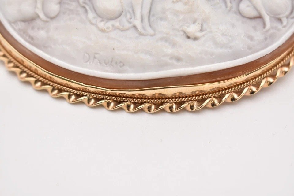 Grande Broche Camée Sculptée Dans Un Coquillage Par D. Fulio Sur Monture En Or 9ct-photo-3
