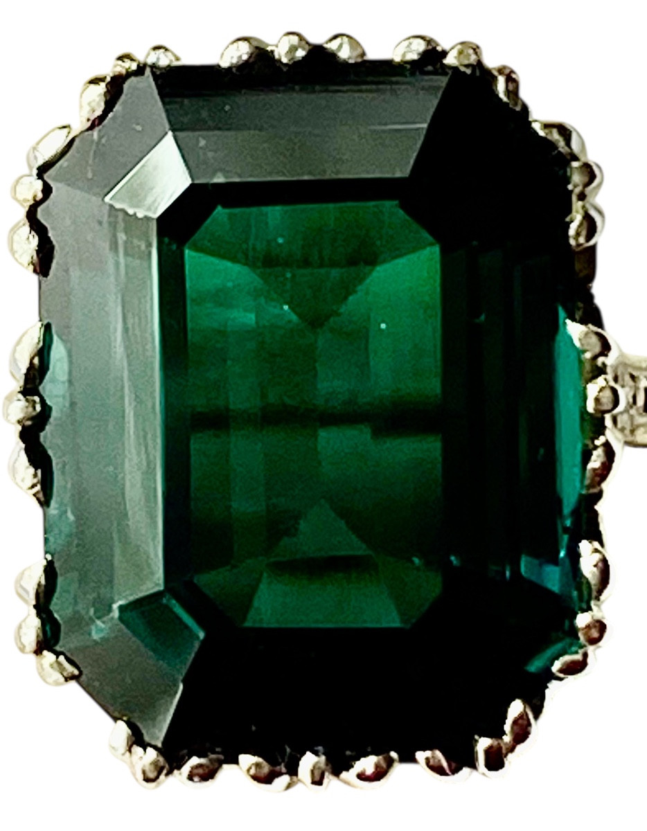 Very Large Vintage White Gold Ring With Emerald-cut Green Tourmaline – Approximately 12.75 Carat