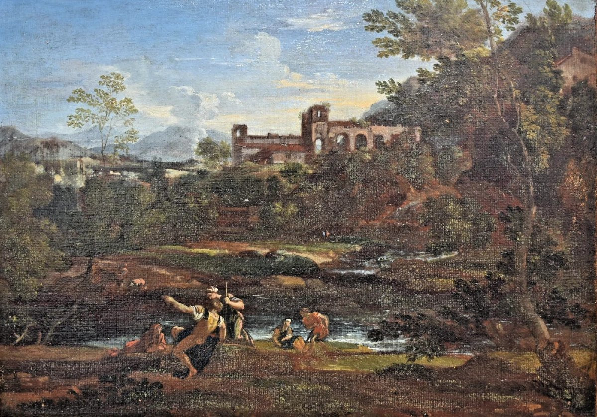Francesco Zuccarelli Antique Ca 1720 Classical Landscape Painting Original Frame-photo-2