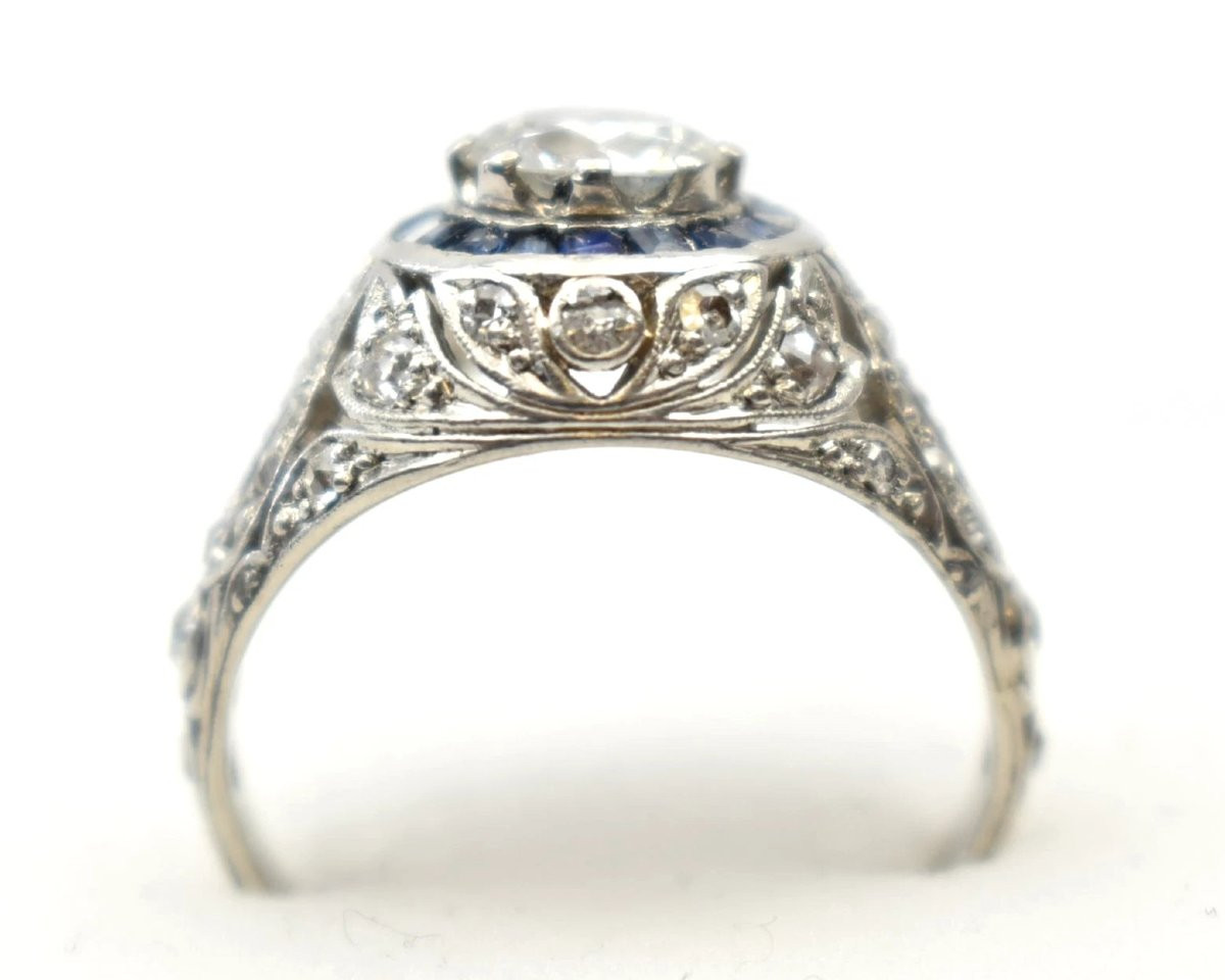 Bague Art déco rare en platine avec diamants et saphirs de 1,5 ct, sertie d'une cible, vers 192-photo-2