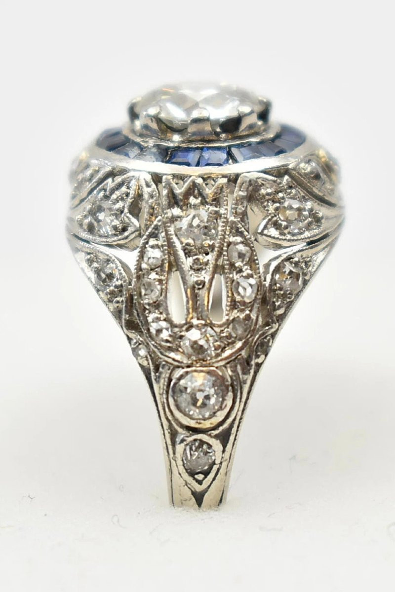 Bague Art déco rare en platine avec diamants et saphirs de 1,5 ct, sertie d'une cible, vers 192-photo-3
