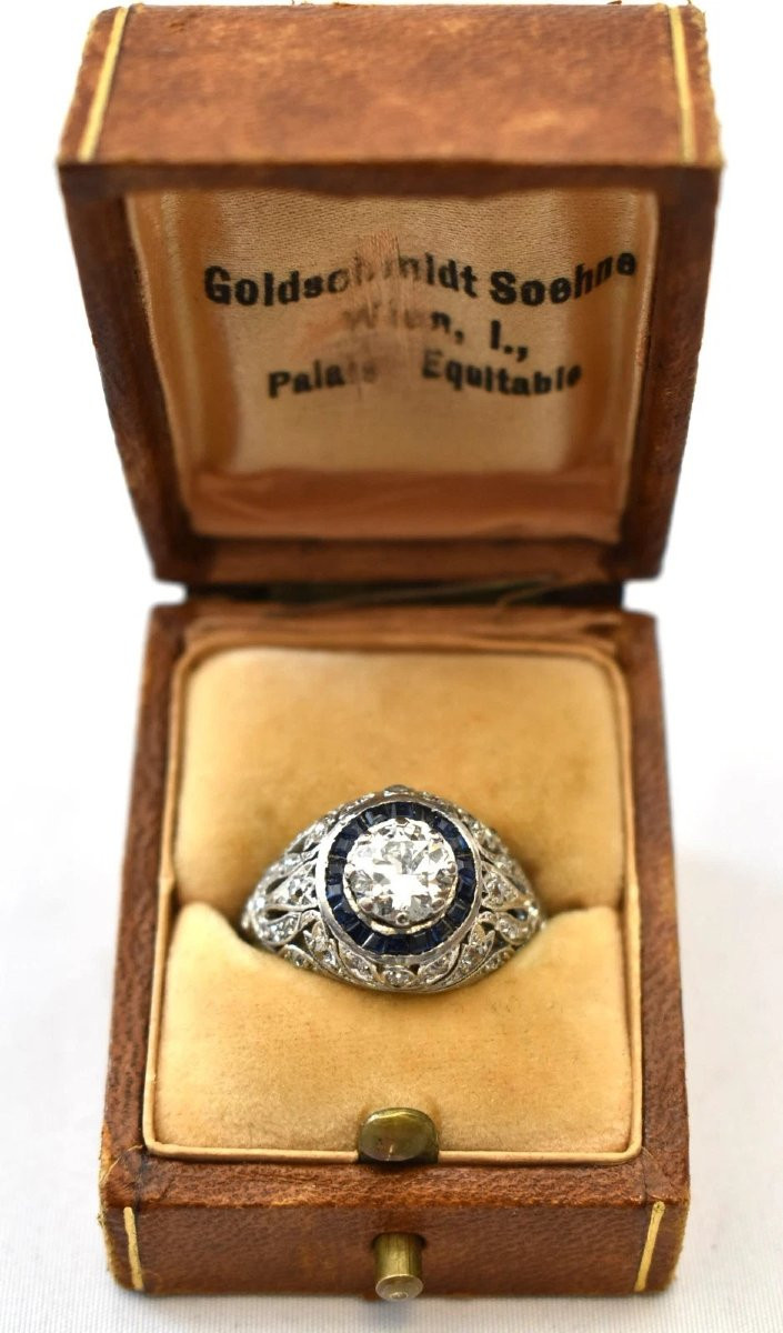 Bague Art déco rare en platine avec diamants et saphirs de 1,5 ct, sertie d'une cible, vers 192-photo-4