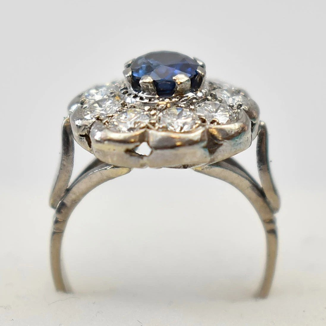 1930s 18ct White Gold Sapphire & Diamond Cluster Ring 3.80ct Total Wgi Certified-photo-3
