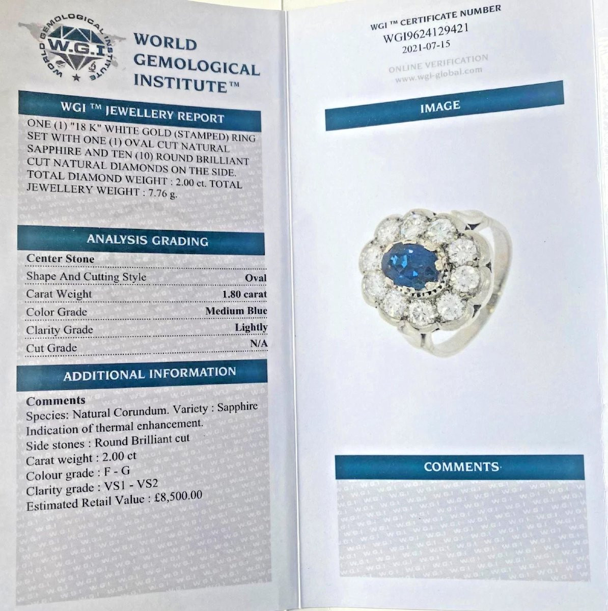1930s 18ct White Gold Sapphire & Diamond Cluster Ring 3.80ct Total Wgi Certified-photo-8