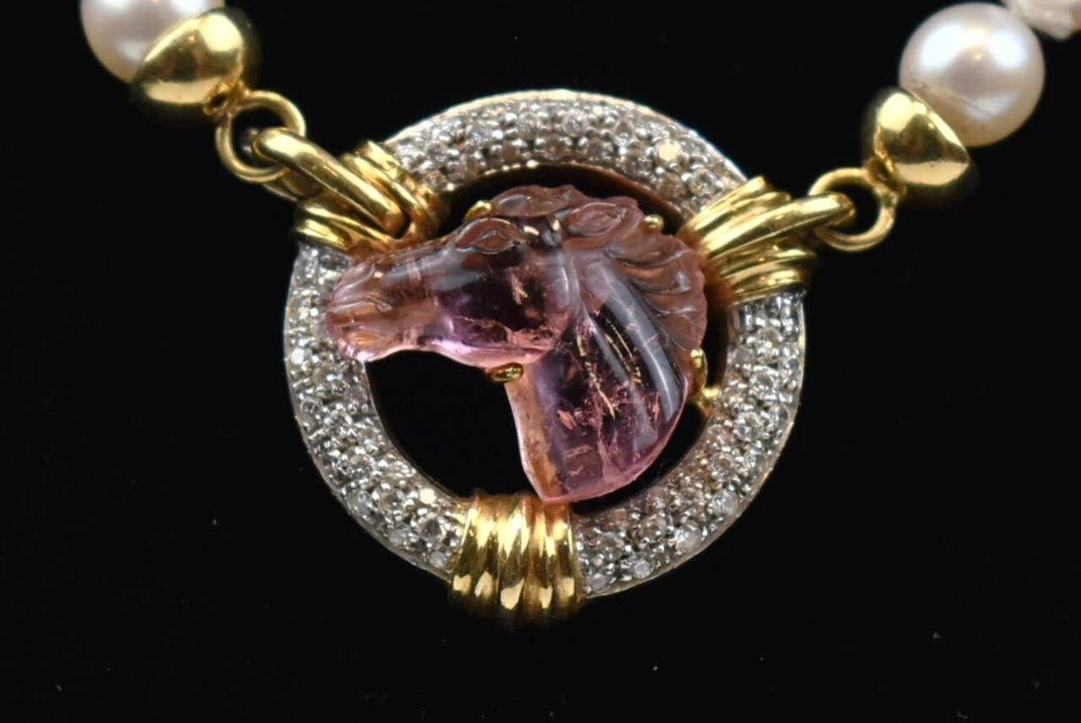 A Vintage Chaumet Pearl Necklace W/ Diamonds & Carved Tourmaline Horses Head-photo-2