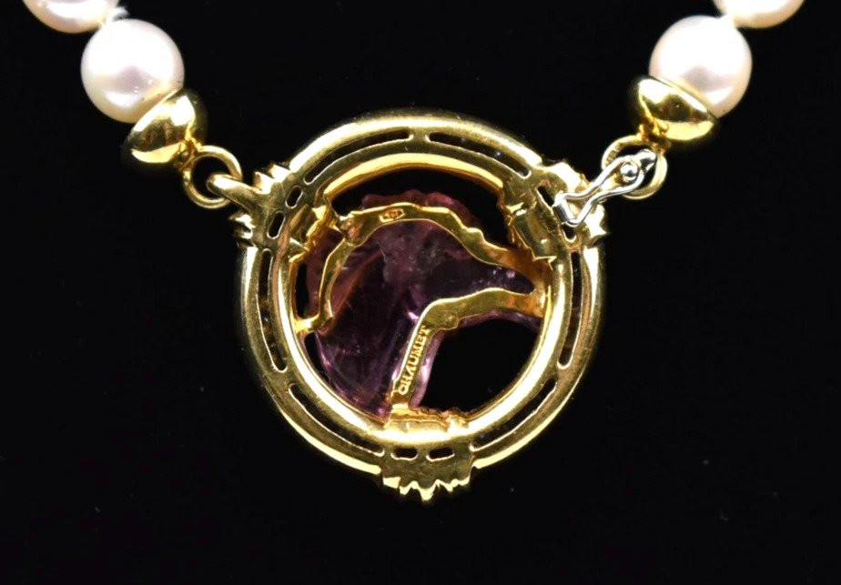 A Vintage Chaumet Pearl Necklace W/ Diamonds & Carved Tourmaline Horses Head-photo-3