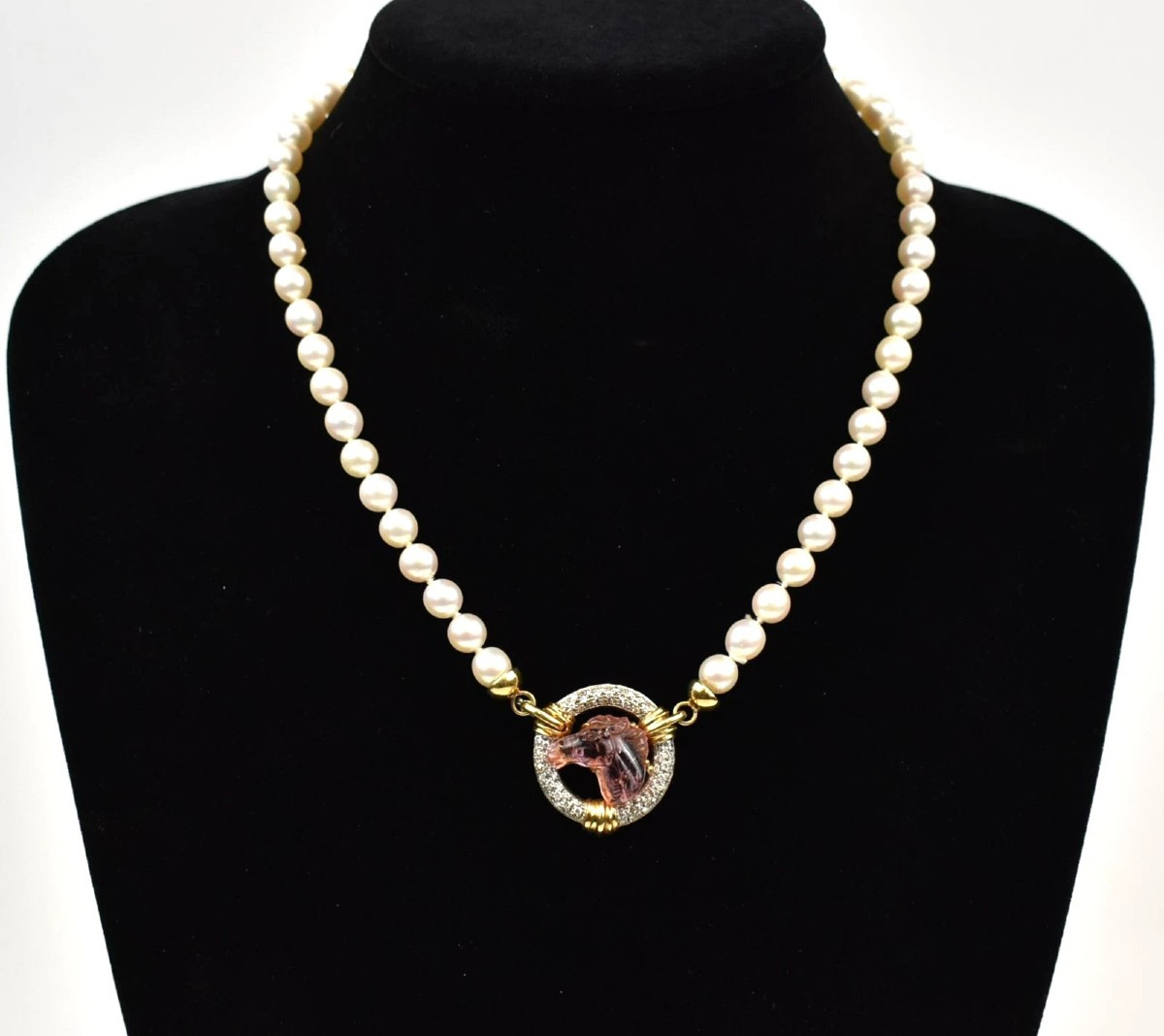 A Vintage Chaumet Pearl Necklace W/ Diamonds & Carved Tourmaline Horses Head