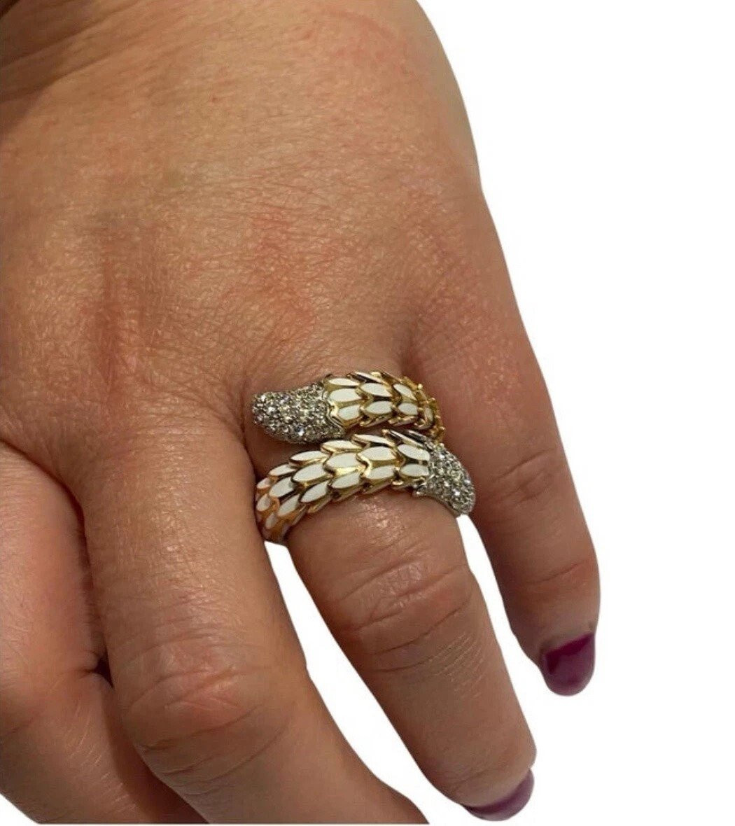 Robert Coin 18k Rose Gold, White Enamel, And Diamond 'cobra'ring-photo-2