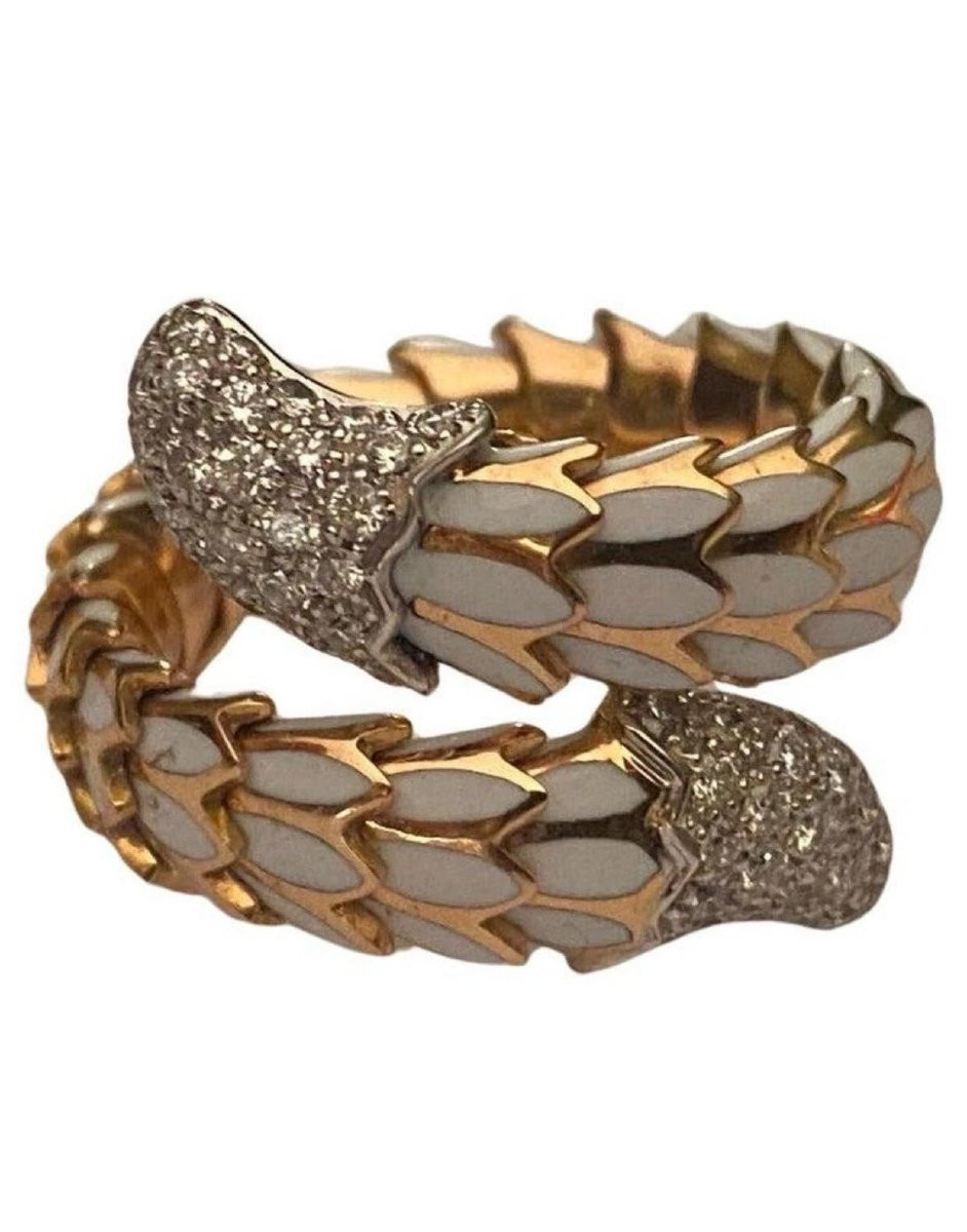 Robert Coin 18k Rose Gold, White Enamel, And Diamond 'cobra'ring-photo-3