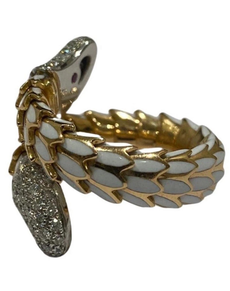 Robert Coin 18k Rose Gold, White Enamel, And Diamond 'cobra'ring-photo-3